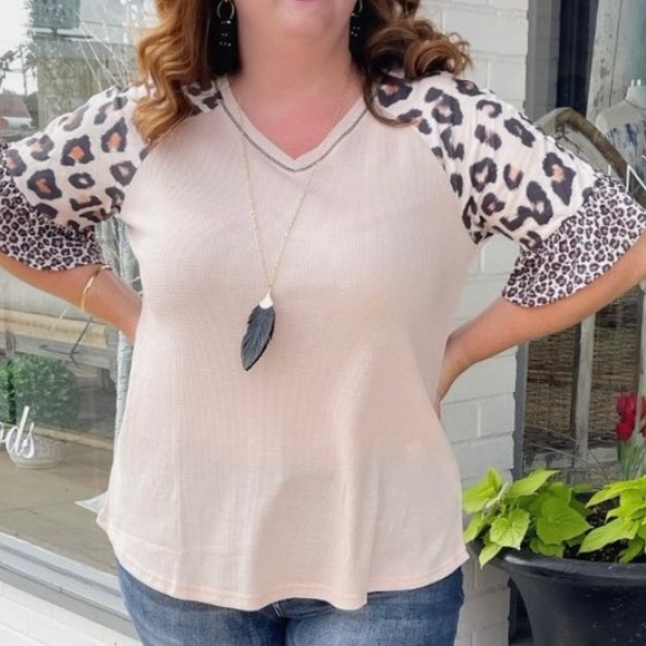 Infinity Raine Tops - Tan Waffle Knit Leopard Sleeve Top NWT